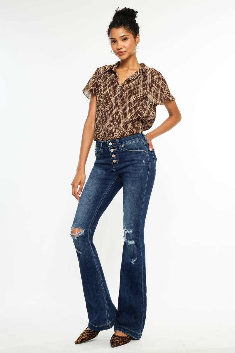 MID RISE BUTTON UP DISTRESS FLARE JEANS KANCAN