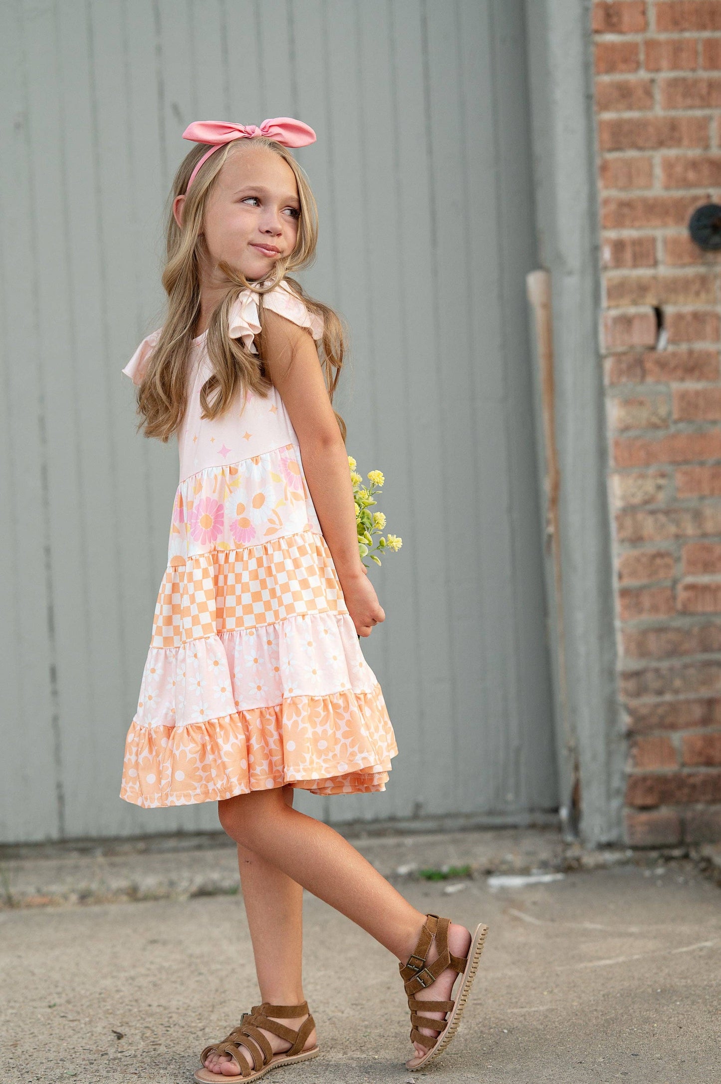 Kids Pink & Tangerine Daisy Checkered Tiered Spring Dress