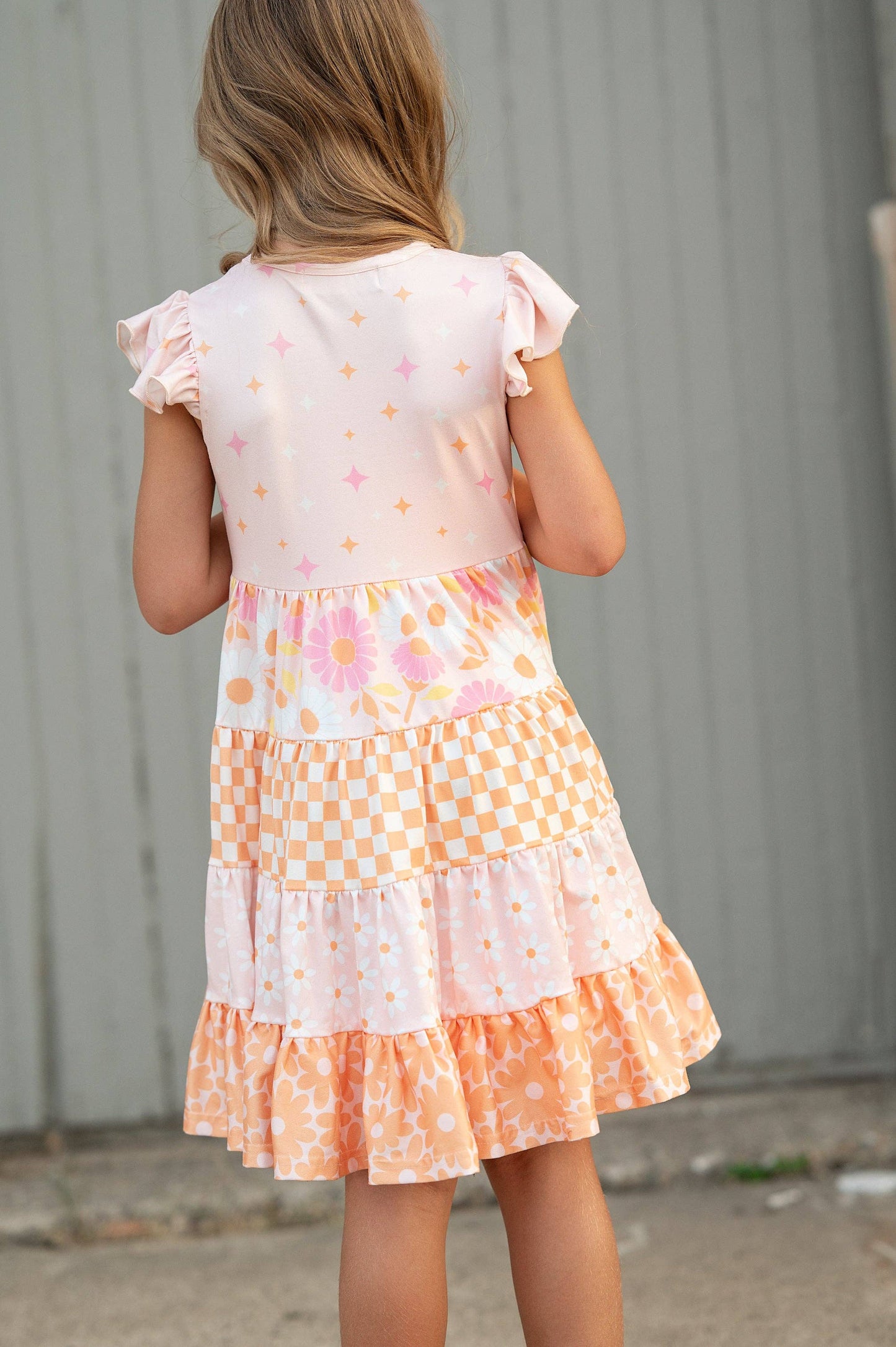 Kids Pink & Tangerine Daisy Checkered Tiered Spring Dress