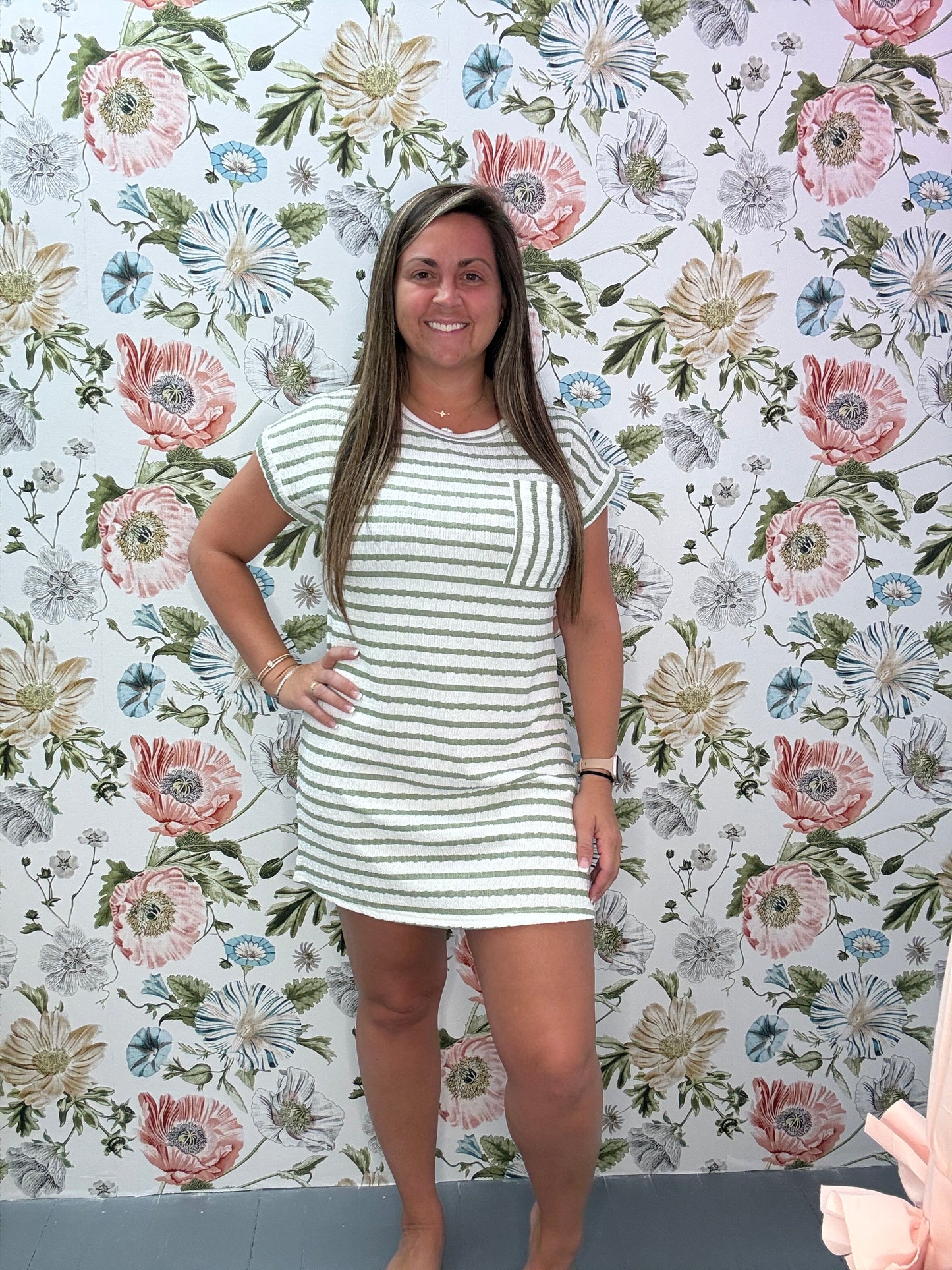 TEXTURED STRIPE SHORT SLEEVE KNIT T-SHIRT DRESS