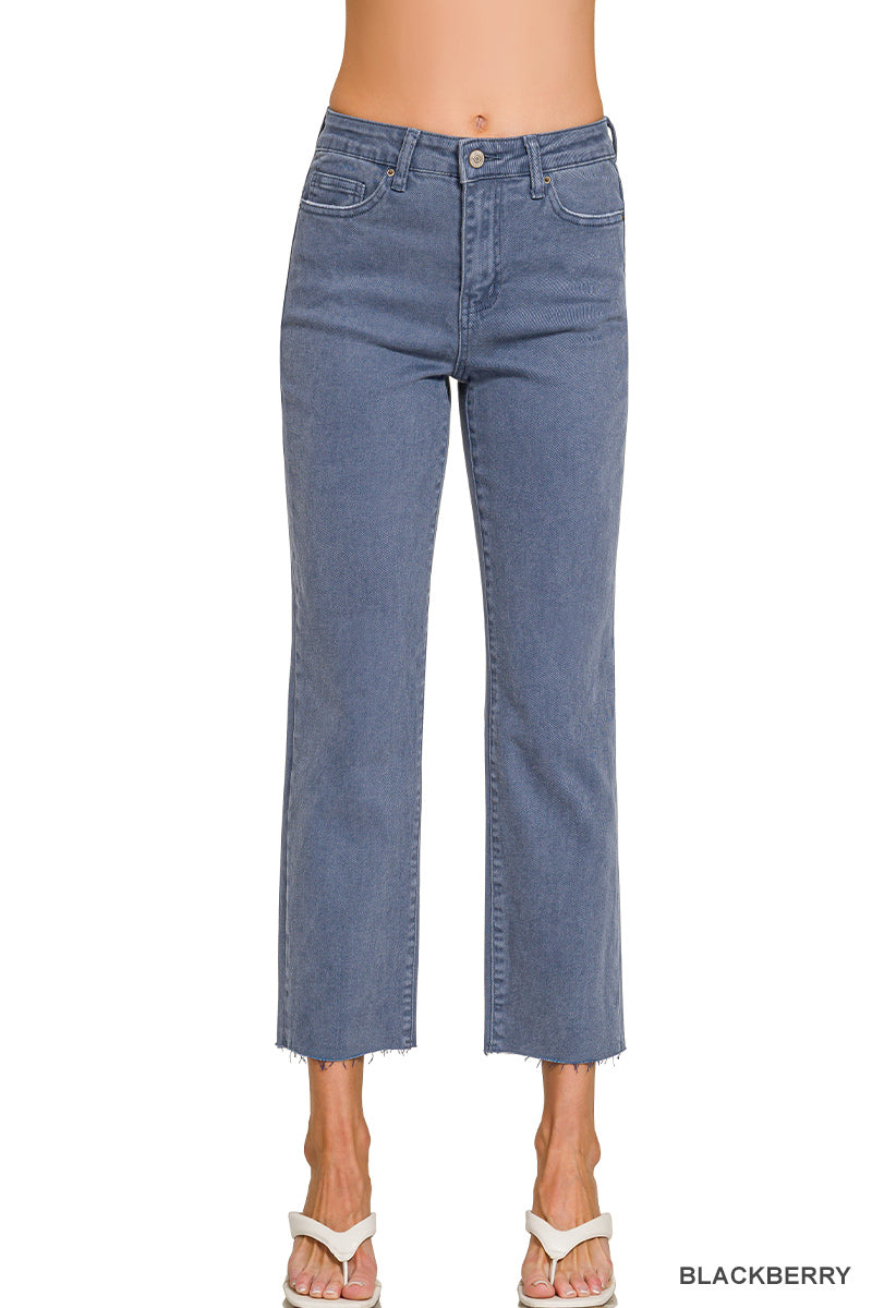 ACID WASHED HIGH WAIST CROPPED STRAIGHT PANTS