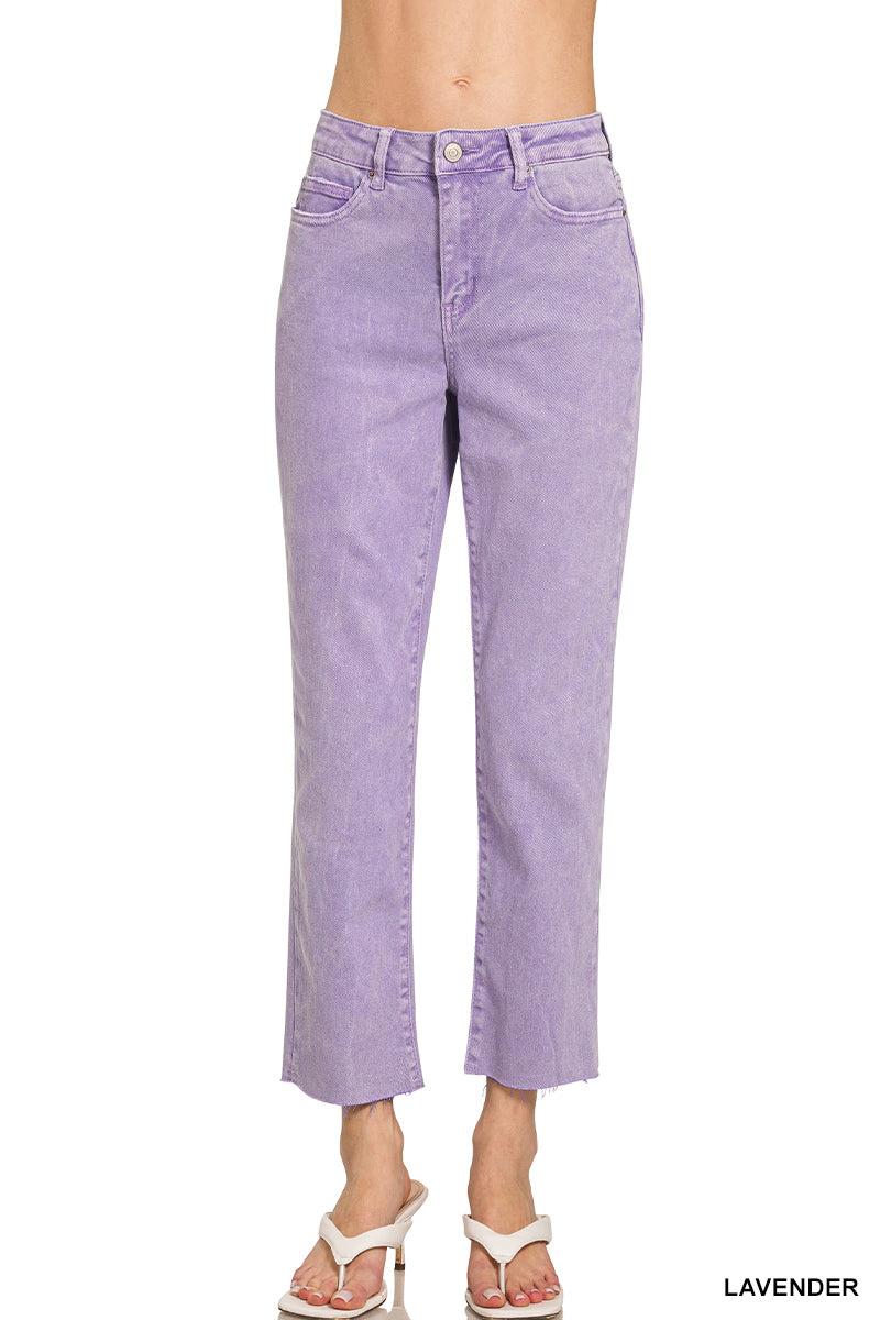 ACID WASHED HIGH WAIST CROPPED STRAIGHT PANTS