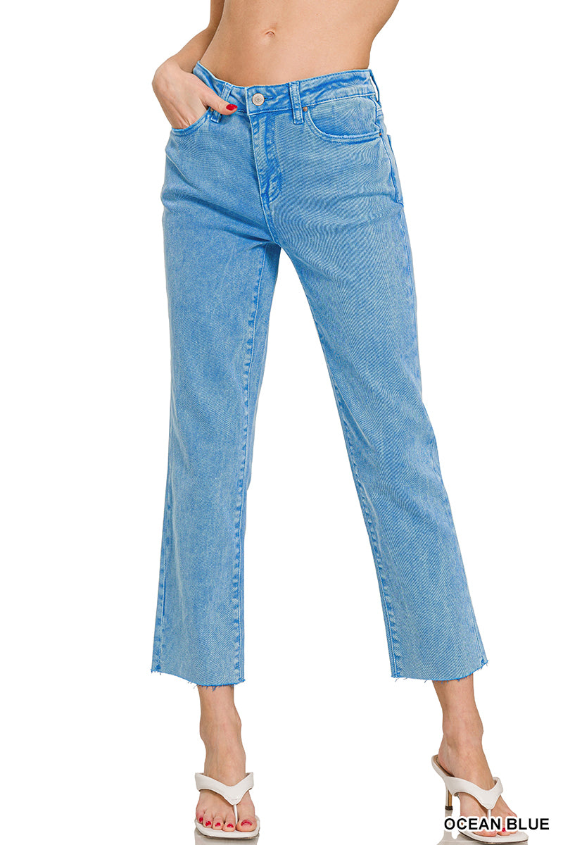 ACID WASHED HIGH WAIST CROPPED STRAIGHT PANTS