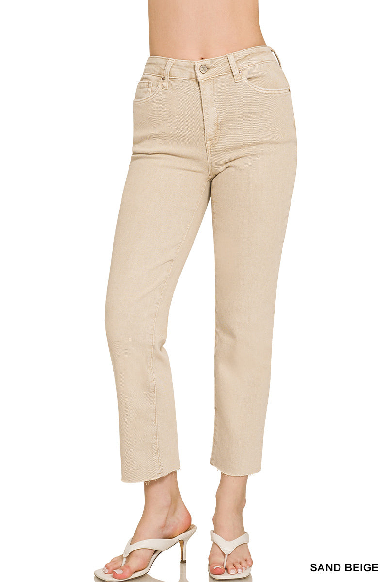ACID WASHED HIGH WAIST CROPPED STRAIGHT PANTS
