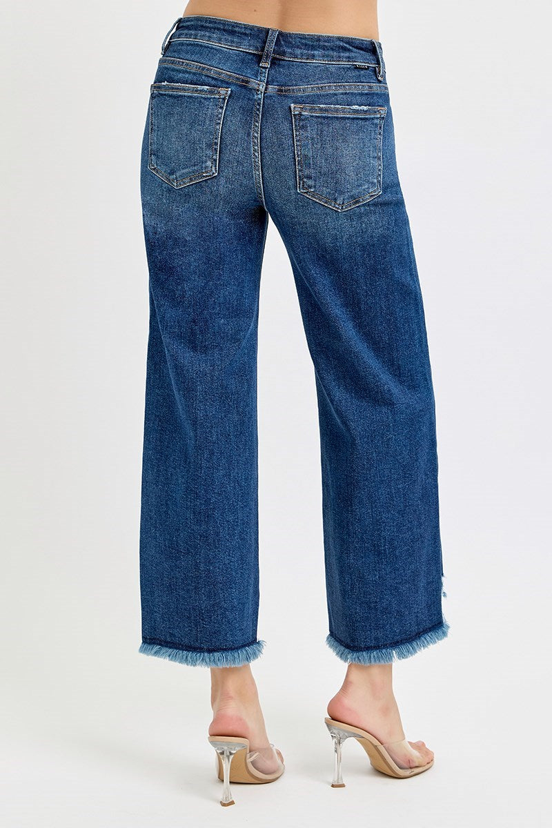 The Flirty Fray Mid-Rise Crop Wide Leg Pants Risen Brand (Dark)