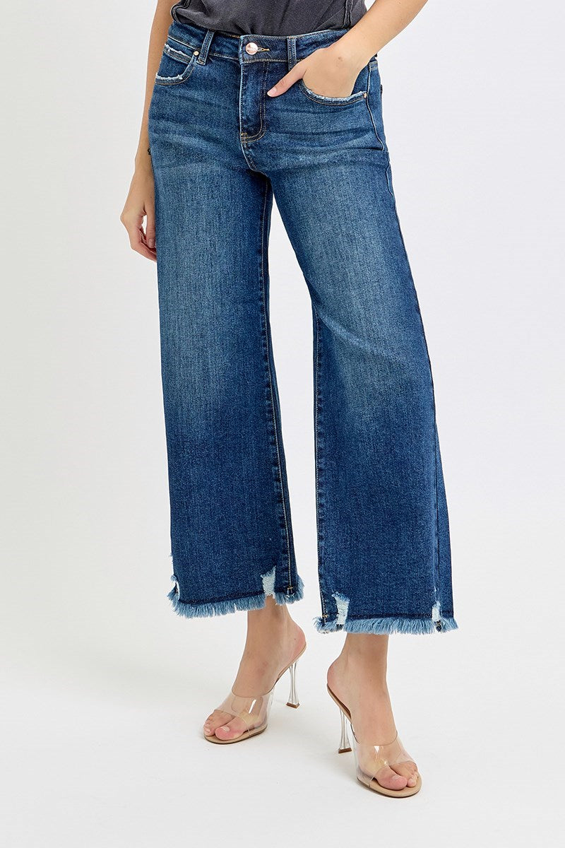 The Flirty Fray Mid-Rise Crop Wide Leg Pants Risen Brand (Dark)