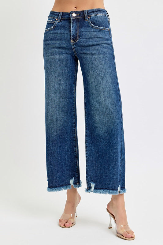 The Flirty Fray Mid-Rise Crop Wide Leg Pants Risen Brand (Dark)