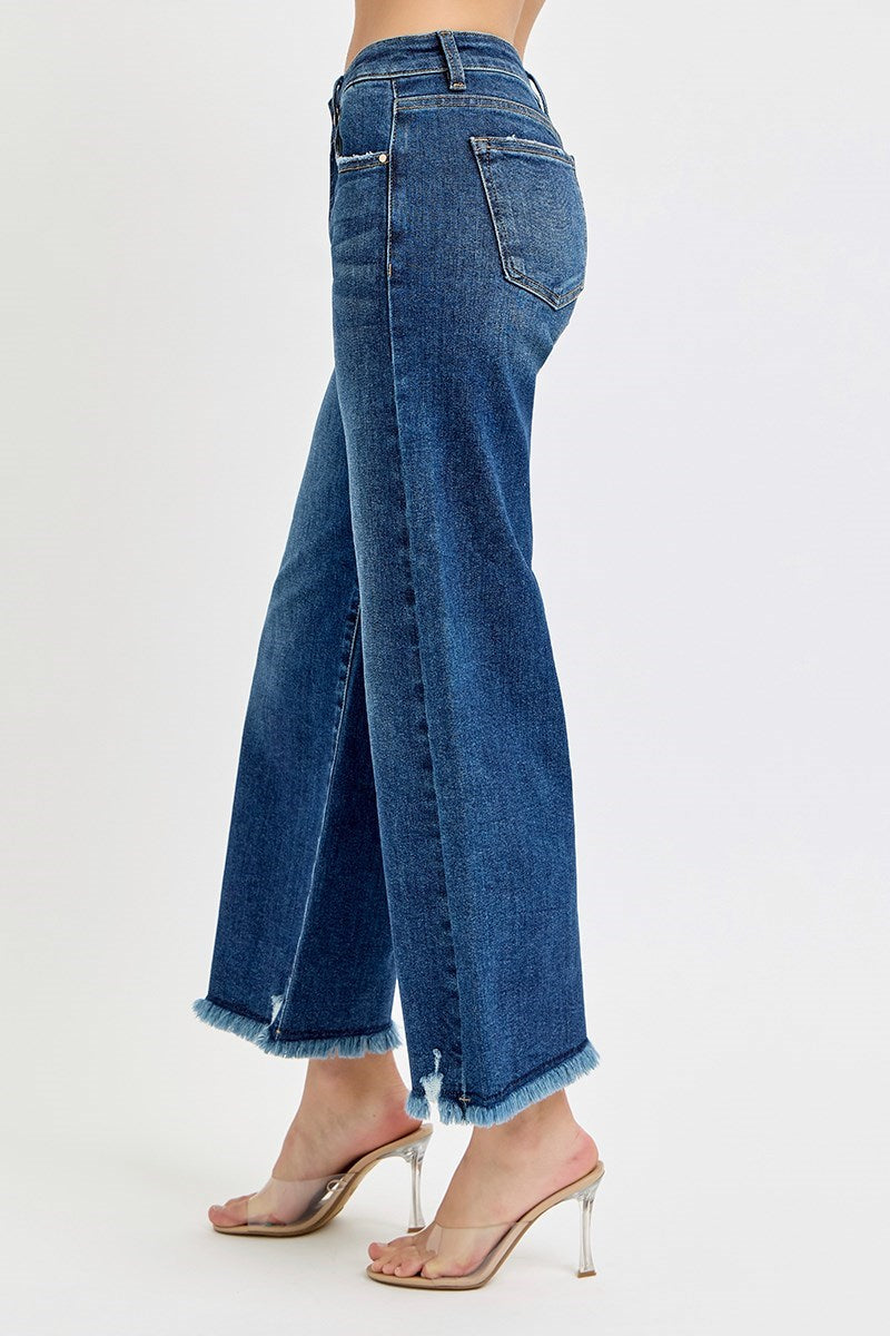 The Flirty Fray Mid-Rise Crop Wide Leg Pants Risen Brand (Dark)