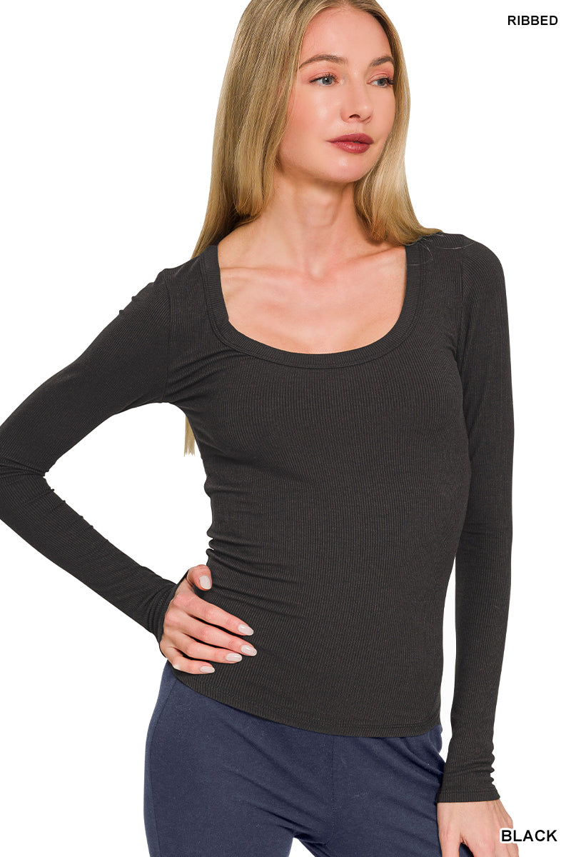 RIBBED BOAT NECK LONG SLEEVE T-SHIRTS