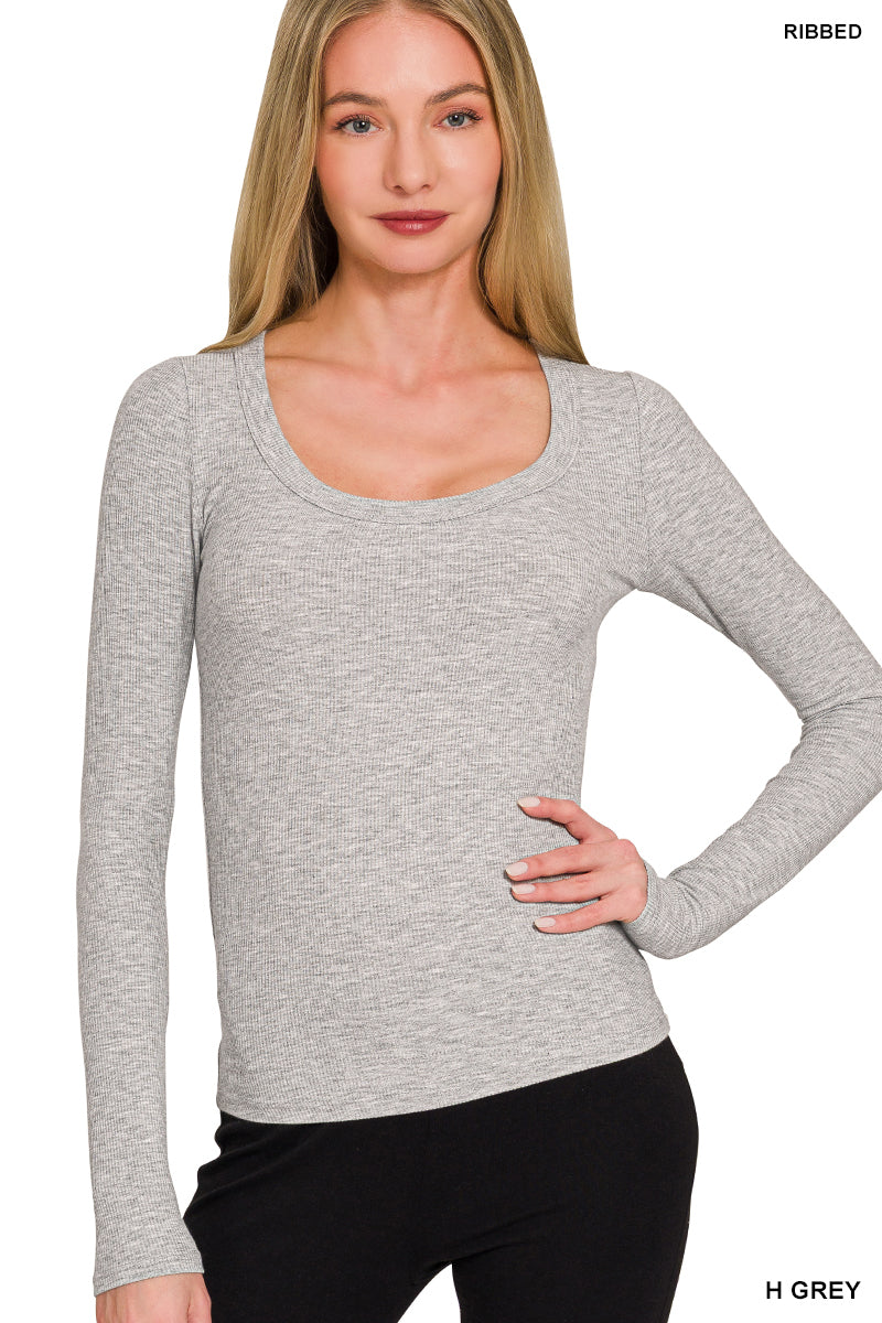 RIBBED BOAT NECK LONG SLEEVE T-SHIRTS