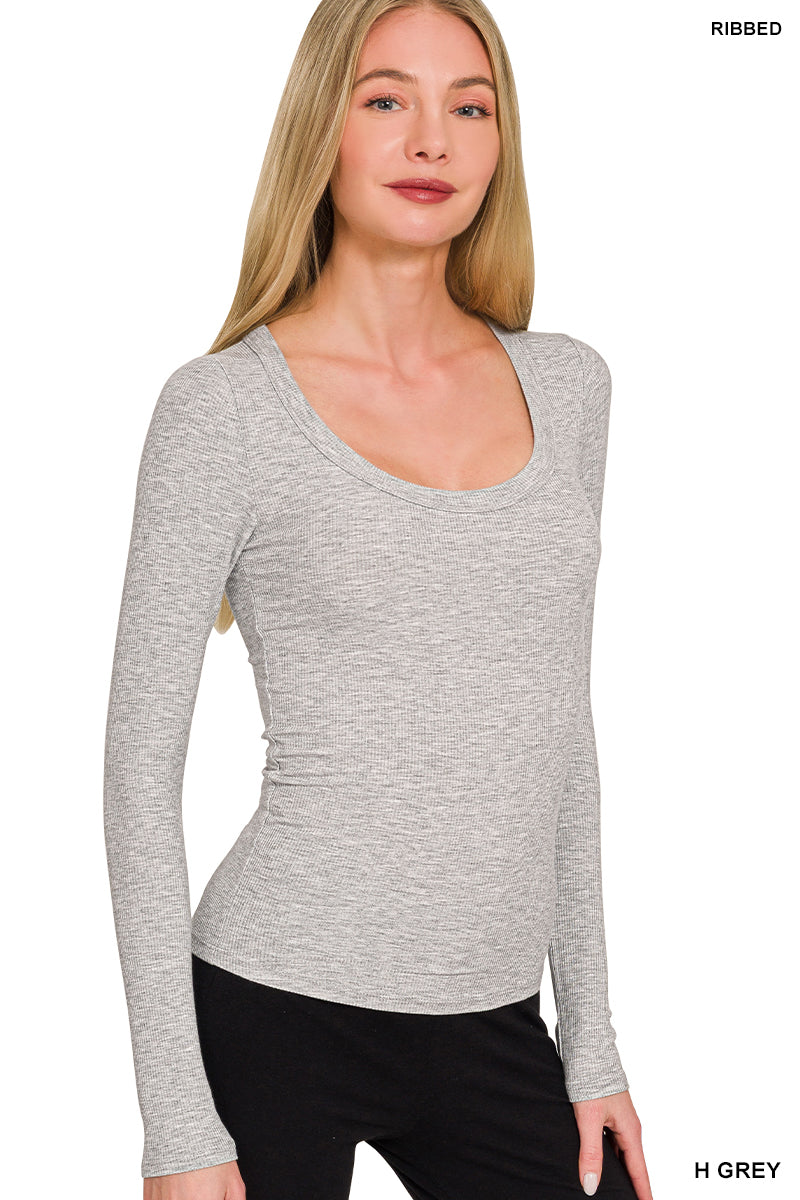 RIBBED BOAT NECK LONG SLEEVE T-SHIRTS