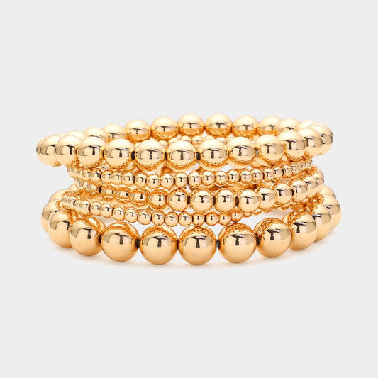 5PCS - Metal Ball Beaded Stretch Bracelet BRIGHT GOLD