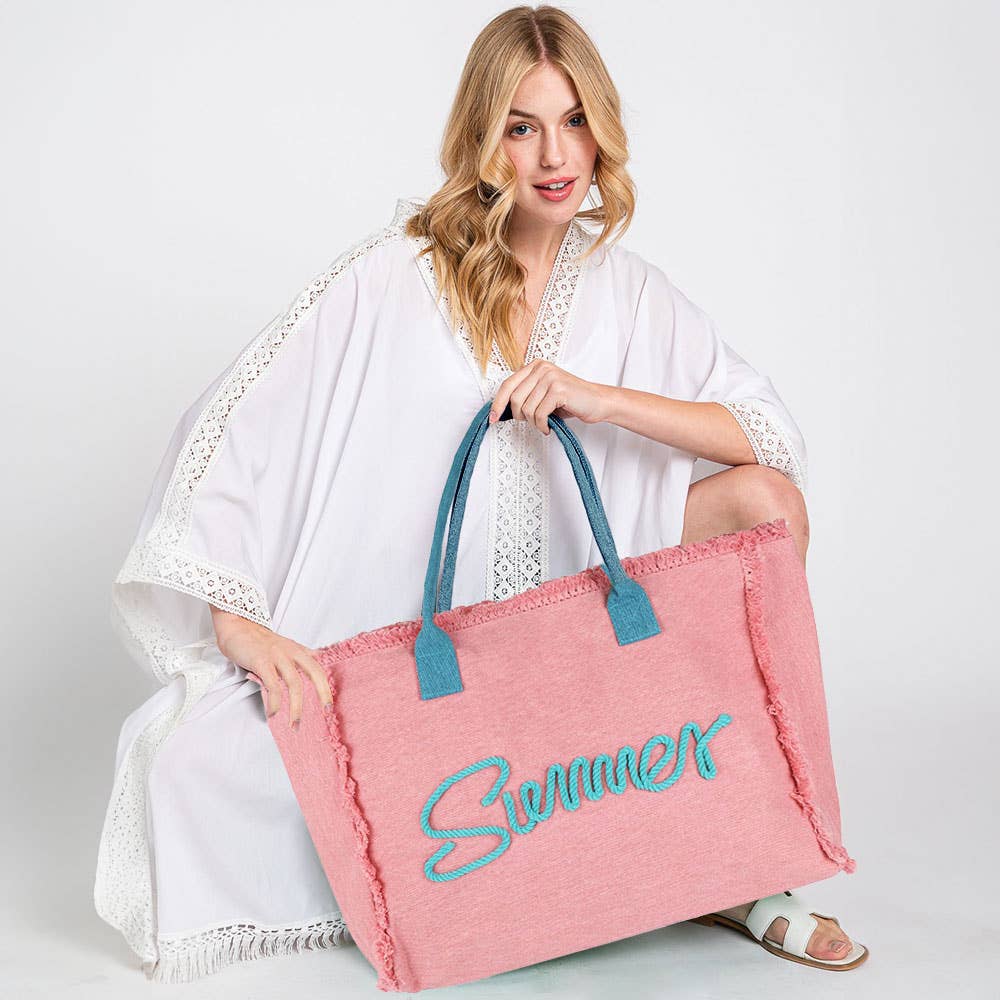 SUMMER Message Embroidered Fringe Canvas Tote Beach Bag PINK