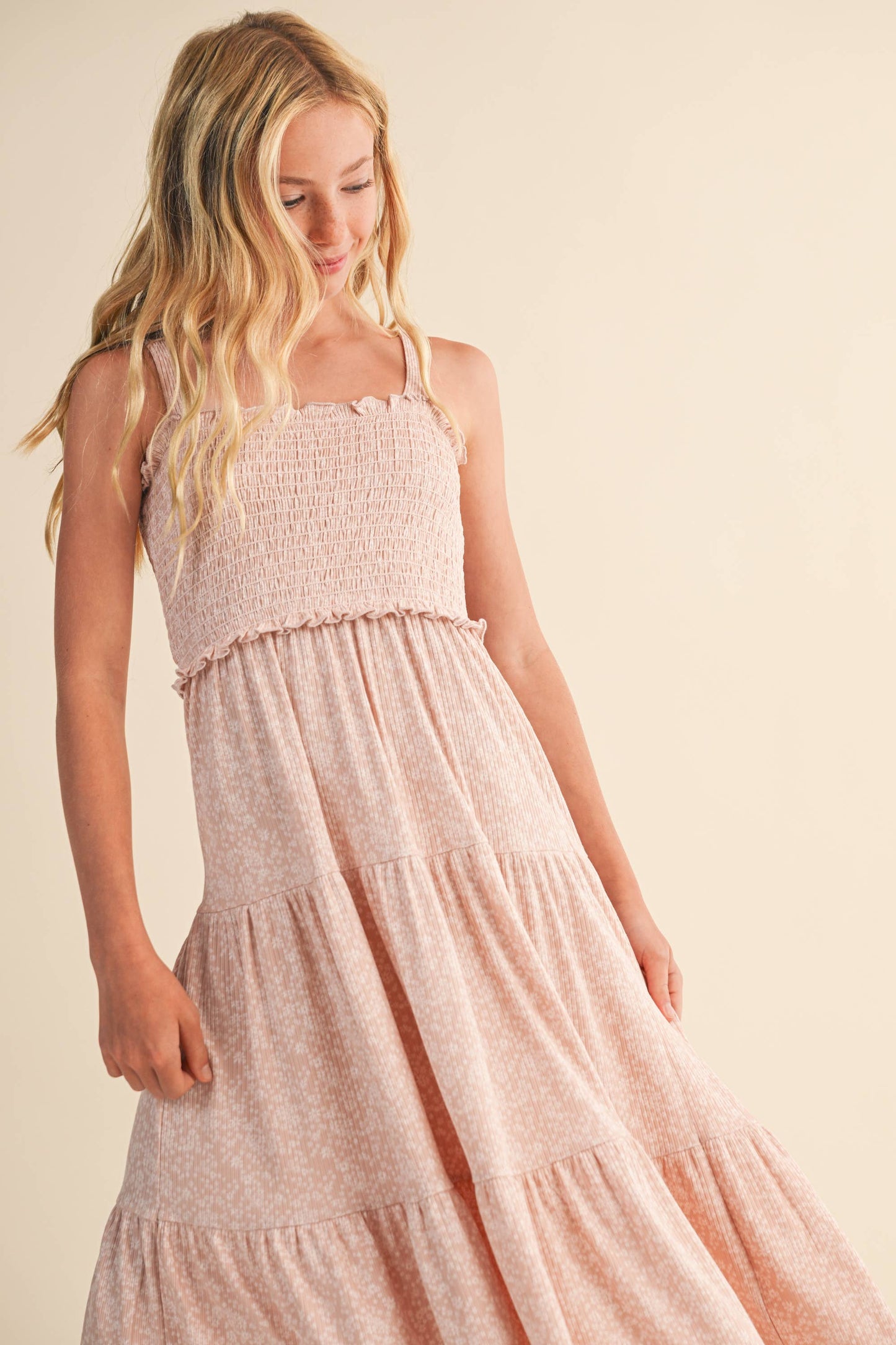TWEEN GIRLS KIDS SMOCKED TIERED MIDI DRESS