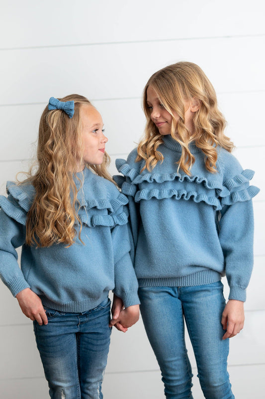 Kids Dusty Blue Double Ruffle Crew Neck Fall Winter Sweater: 3/4