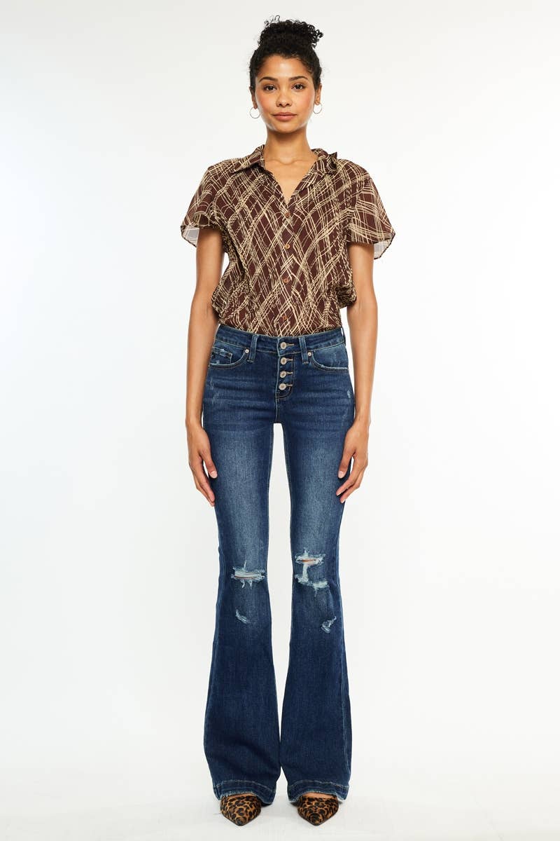 MID RISE BUTTON UP DISTRESS FLARE JEANS KANCAN