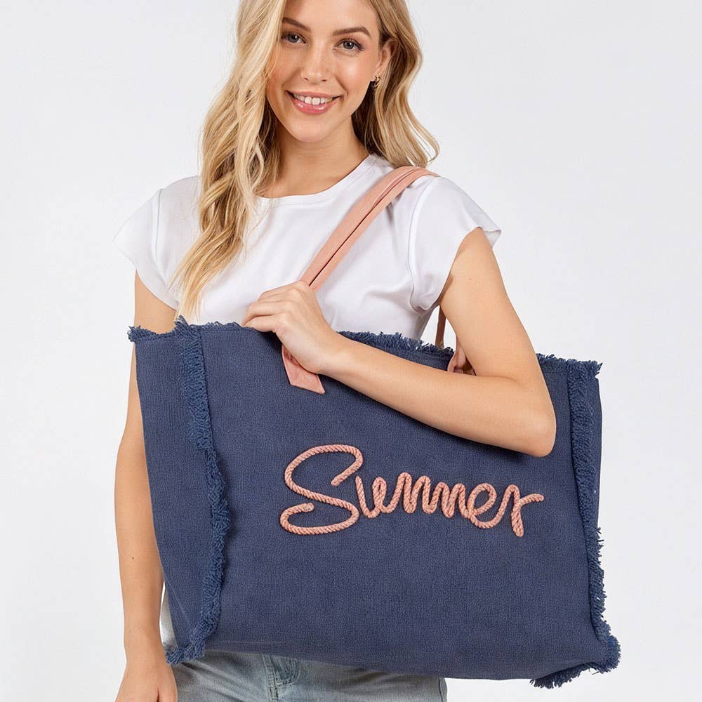 SUMMER Message Embroidered Fringe Canvas Tote Beach Bag PINK