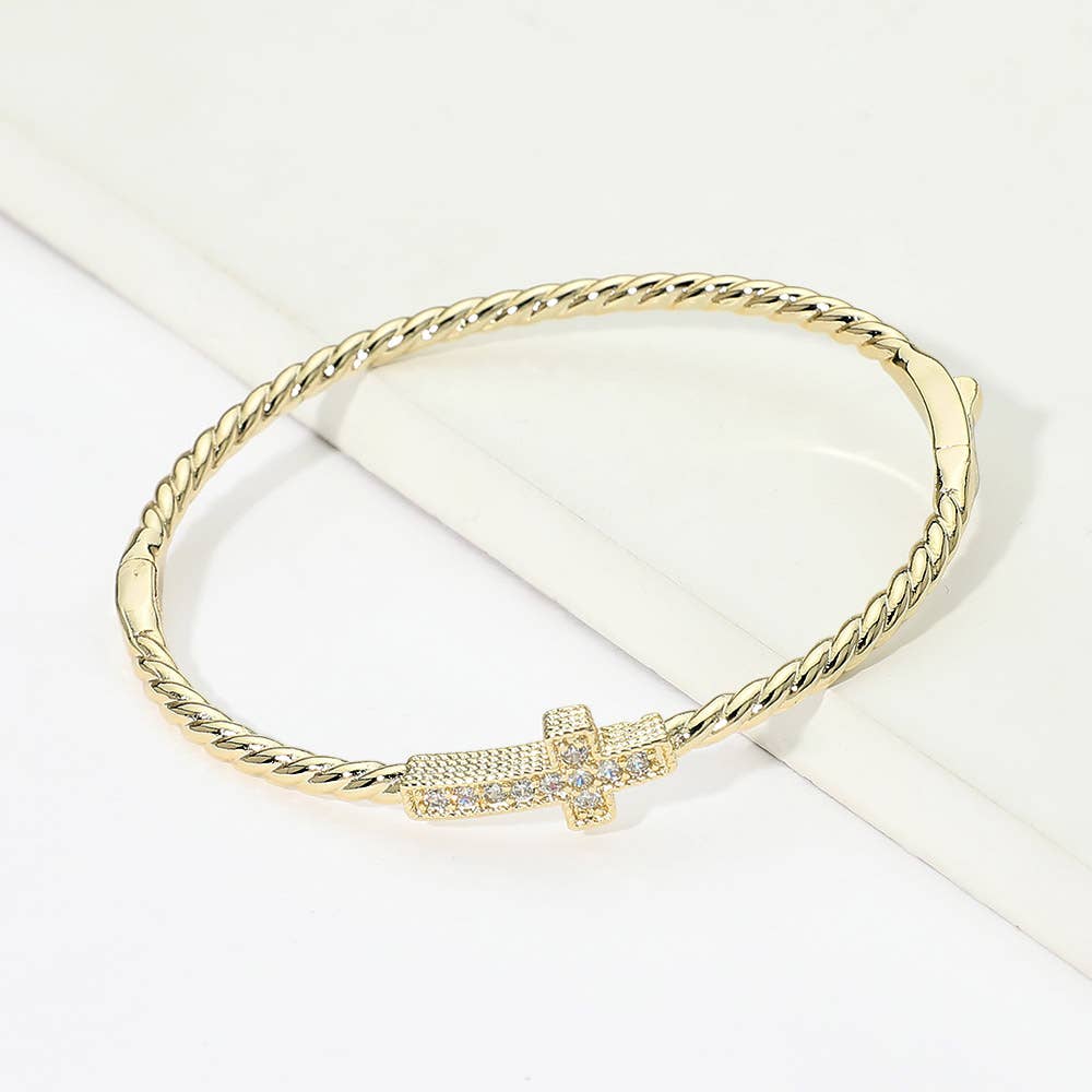 Twisted Hinged Bangle Bracelet Paved Cross Gold