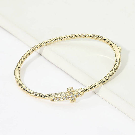 Twisted Hinged Bangle Bracelet Paved Cross Gold