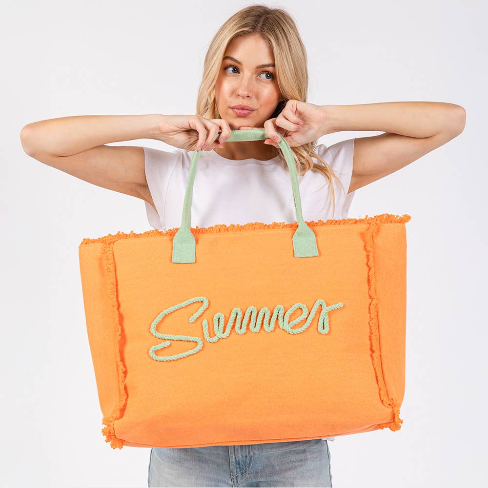 SUMMER Message Embroidered Fringe Canvas Tote Beach Bag PINK