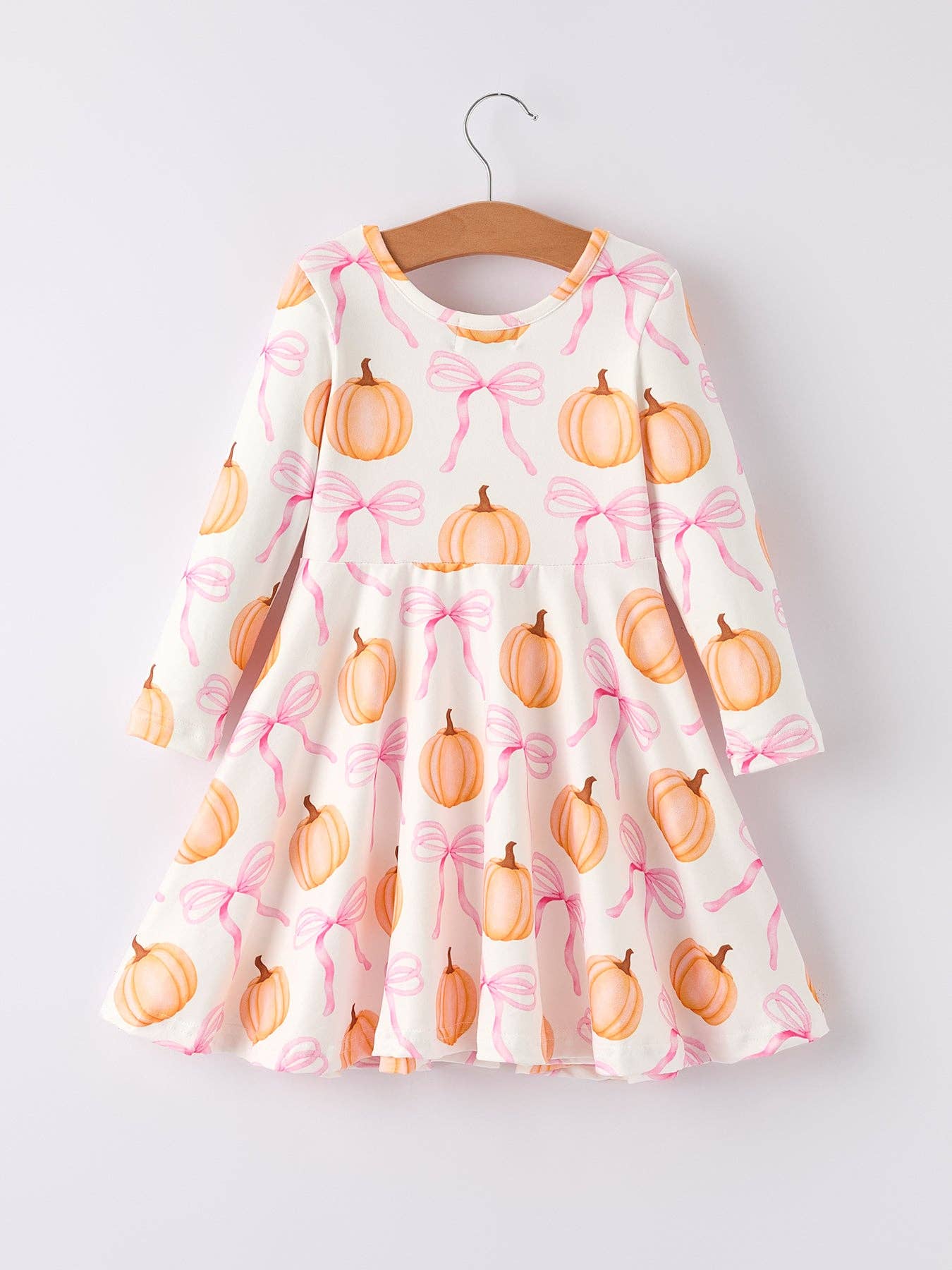Pumpkin Bow Print Long Sleeve Dress
