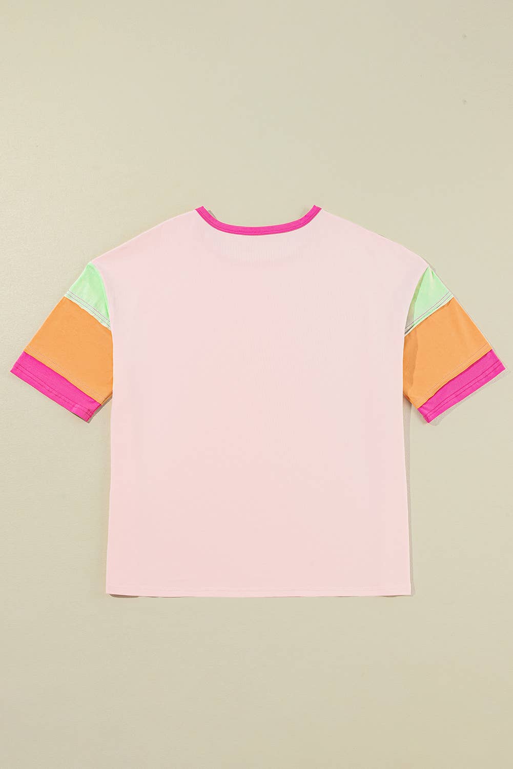 Color Block Stitching Sleeve Round Neck Oversize Top Pink