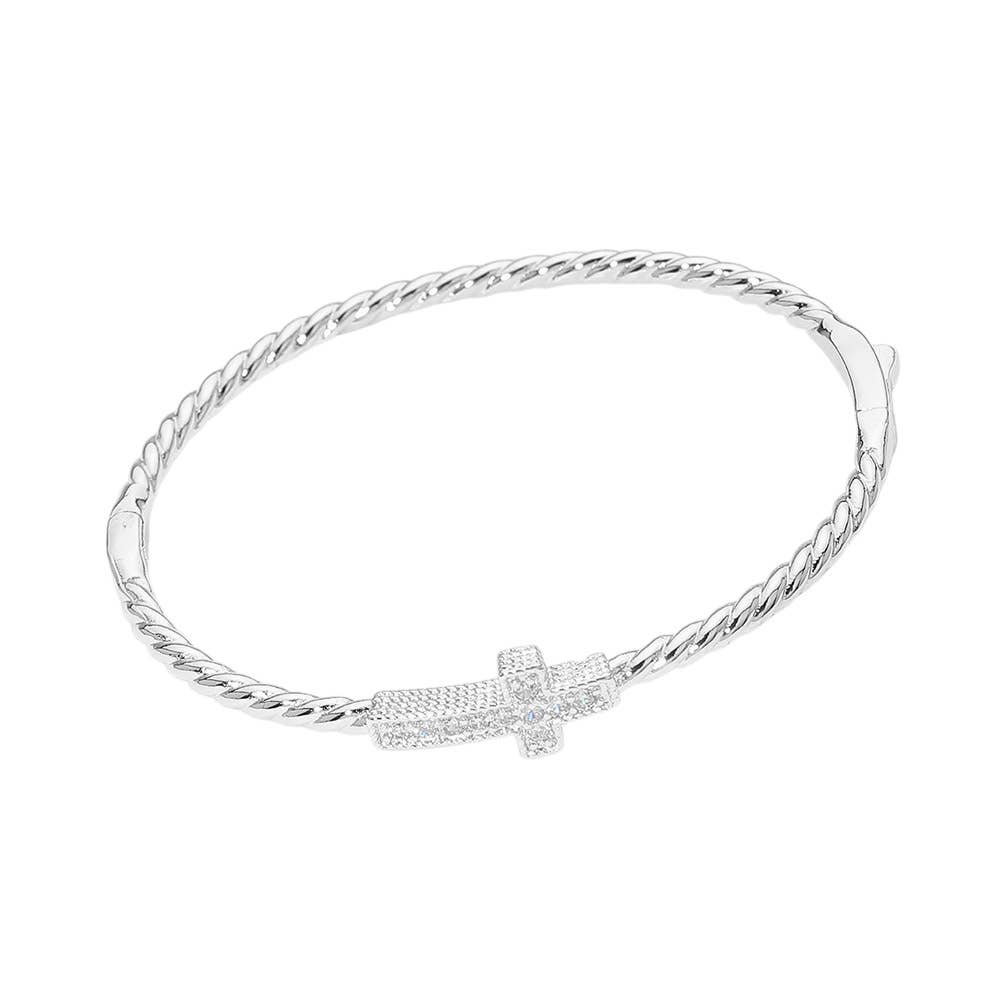 Twisted Hinged Bangle Bracelet Paved Cross Gold