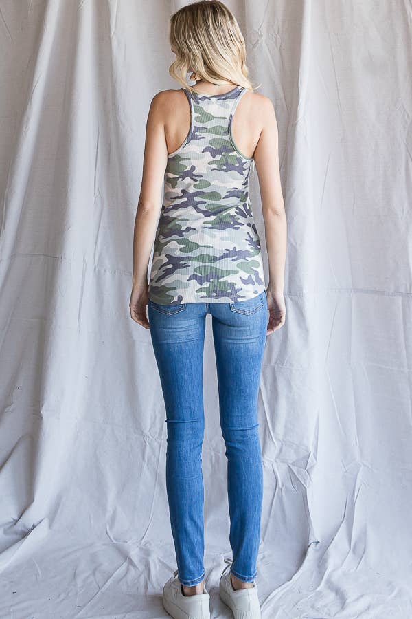 Camo Print Scoop Neck Button Front Tank Top Olive