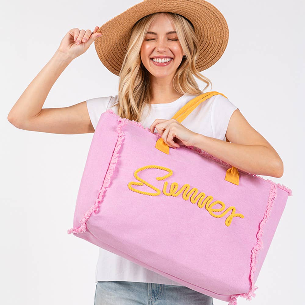 SUMMER Message Embroidered Fringe Canvas Tote Beach Bag PINK