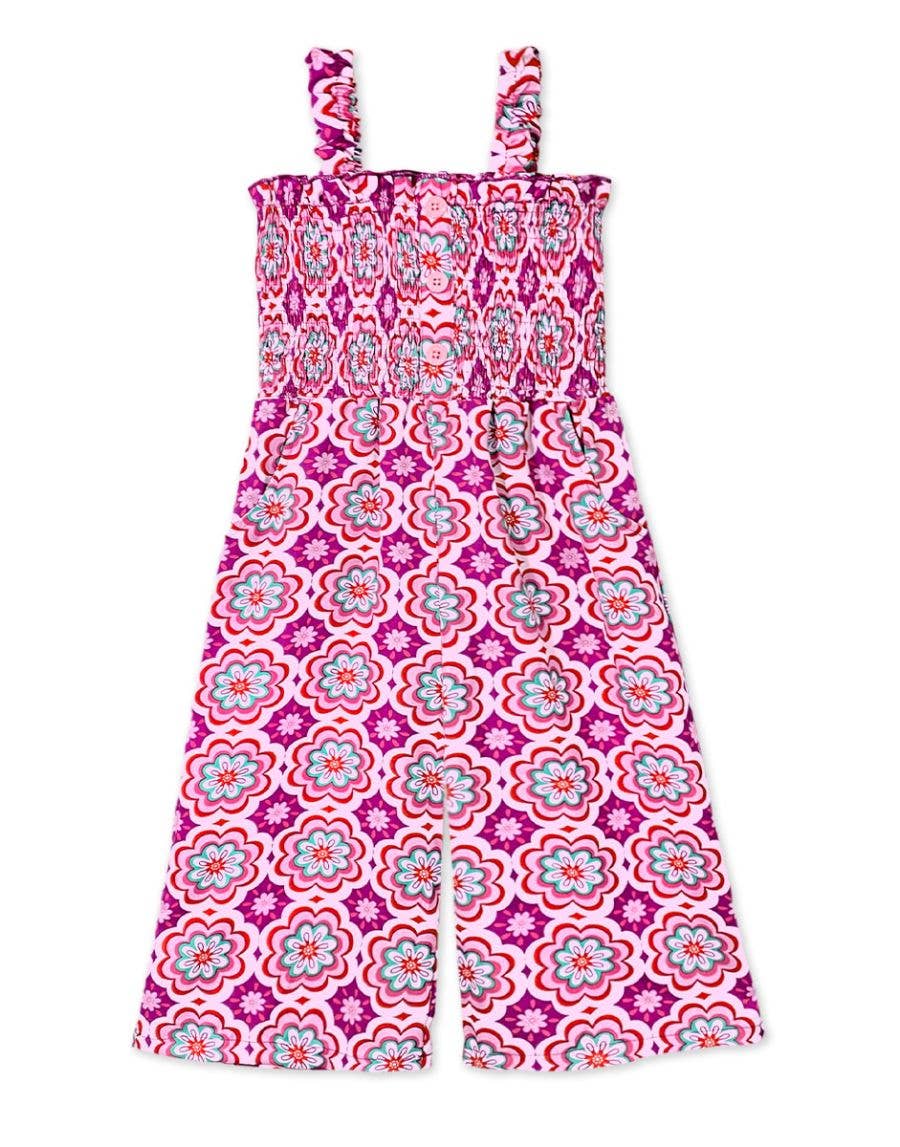 GKD-3103B-L38 Girl's Romper w/ Smocking & Side Pockets : Hot Pink Floral / S6/7