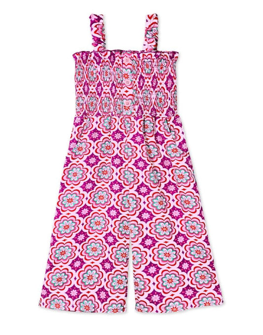 GKD-3103B-L38 Girl's Romper w/ Smocking & Side Pockets : Hot Pink Floral / S6/7