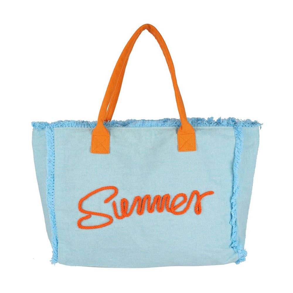 SUMMER Message Embroidered Fringe Canvas Tote Beach Bag PINK