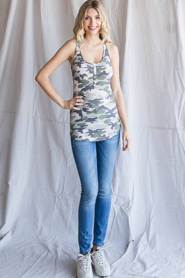 Camo Print Scoop Neck Button Front Tank Top Olive