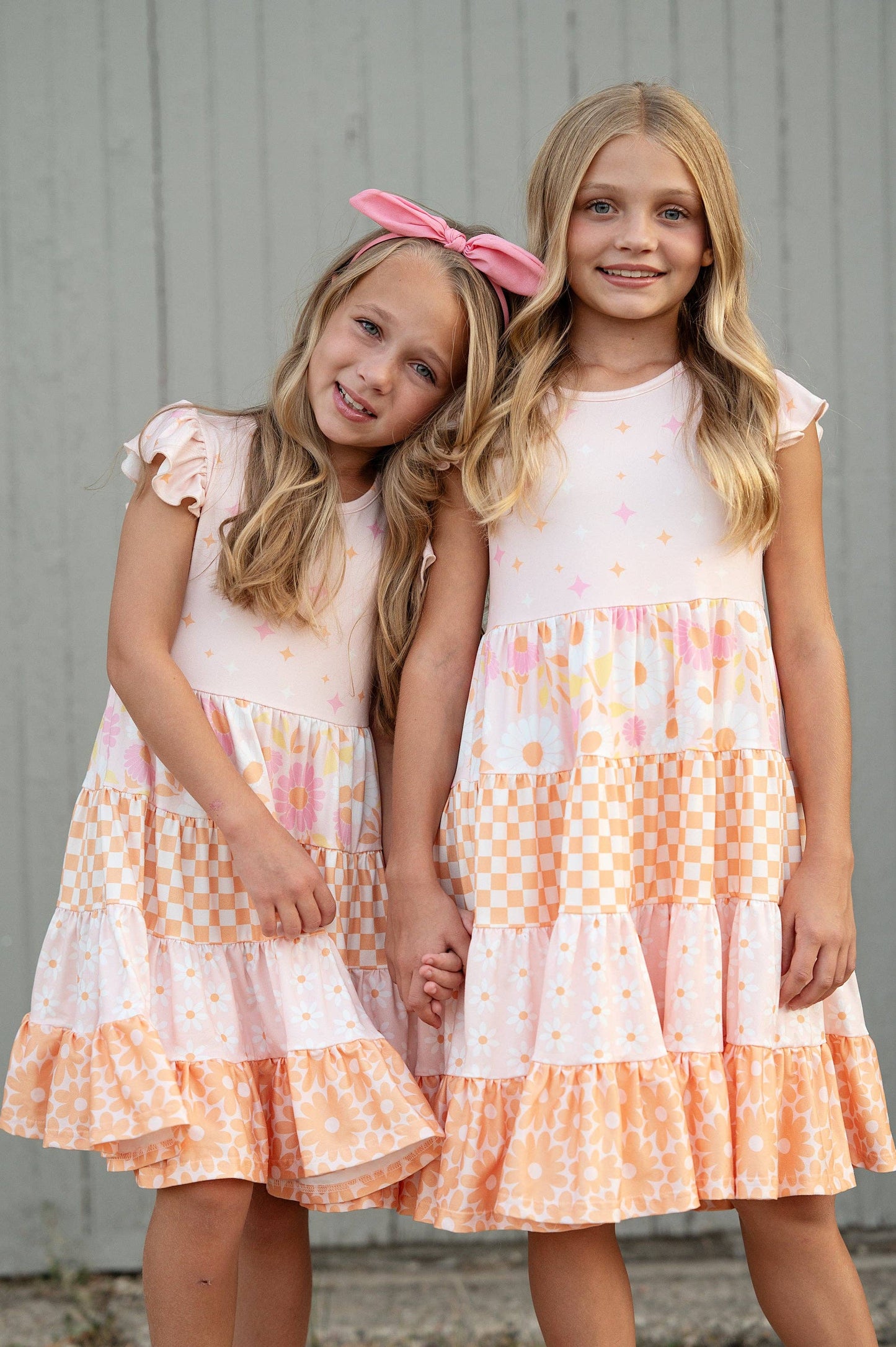 Kids Pink & Tangerine Daisy Checkered Tiered Spring Dress
