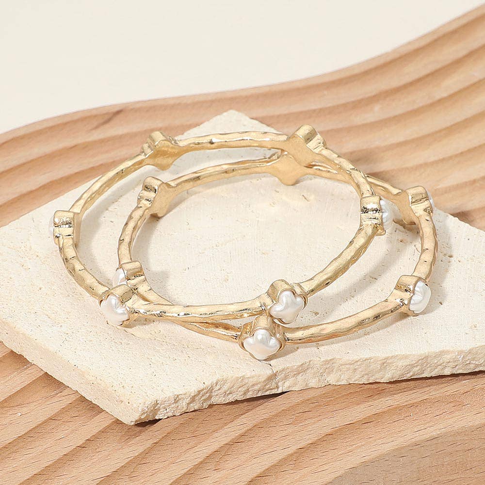 2PCS - Quatrefoil Stone Accent Hammered Metal Multi Layered Bangle Bracelets White,Worn Gold