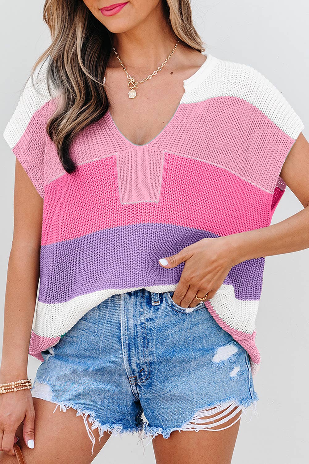 Color Block Notch V Neck Sweater T Shirt Pink
