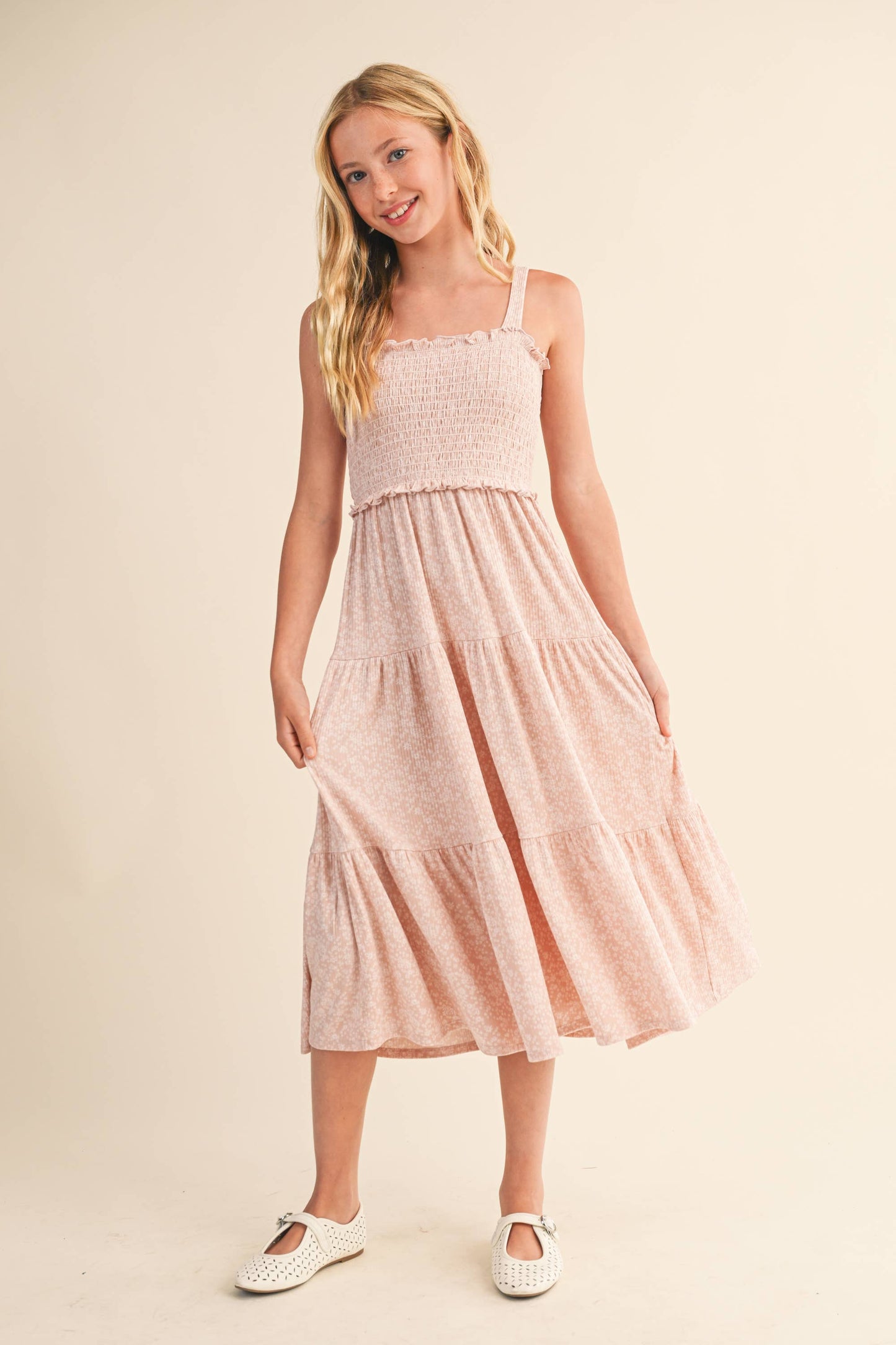 TWEEN GIRLS KIDS SMOCKED TIERED MIDI DRESS
