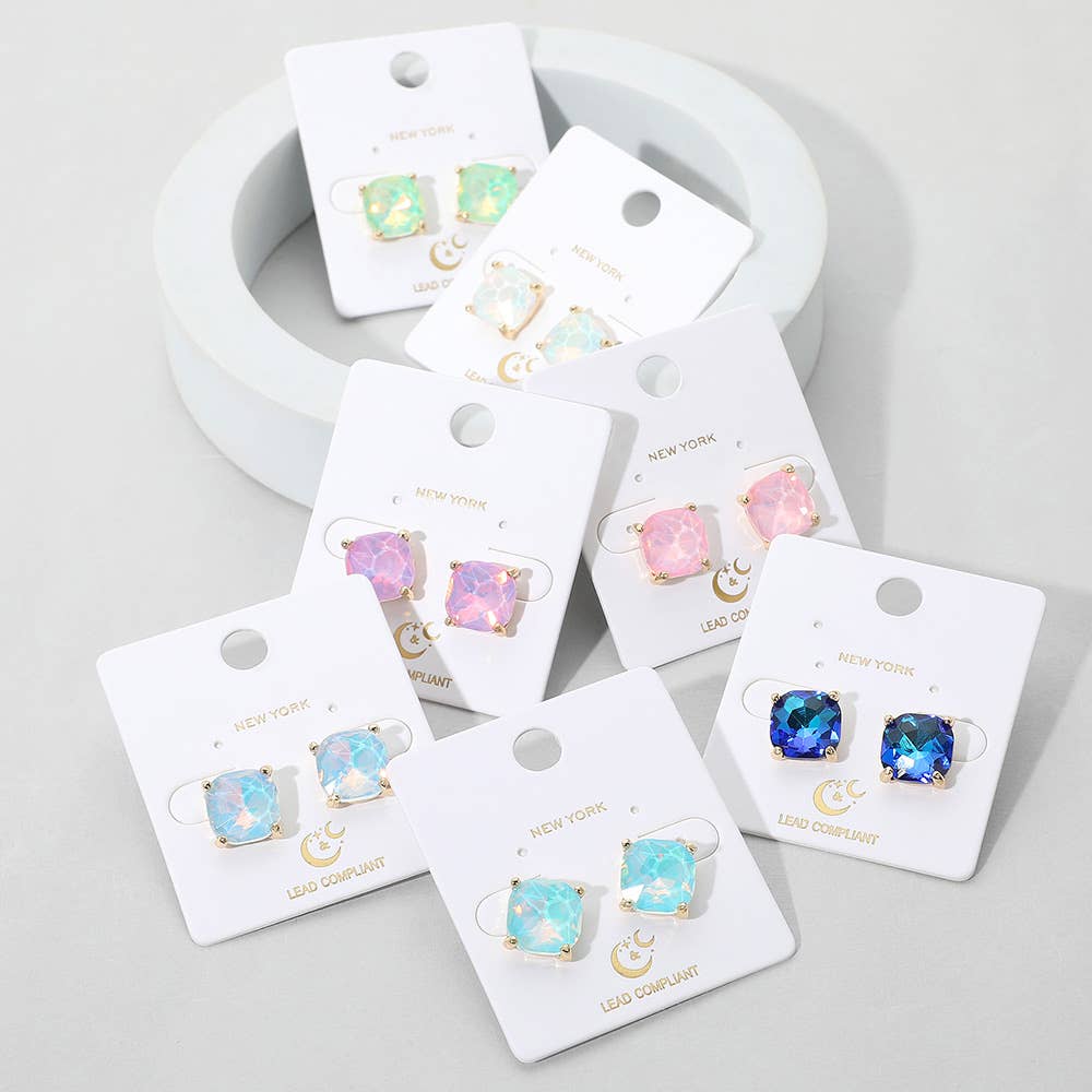 Cushion Square Stone Stud Evening Earrings: G RED