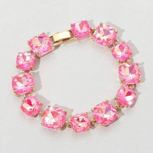 Cushion Square Stone Link PINK Bracelet