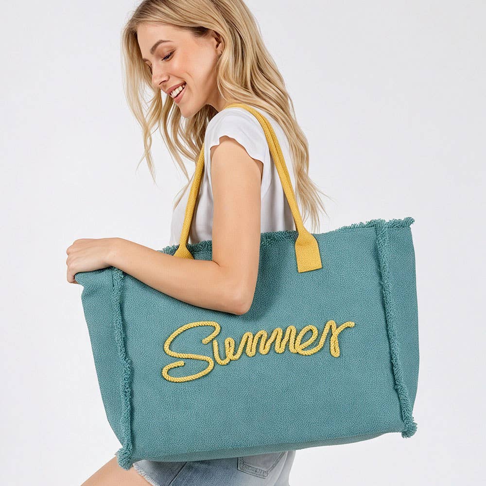SUMMER Message Embroidered Fringe Canvas Tote Beach Bag PINK