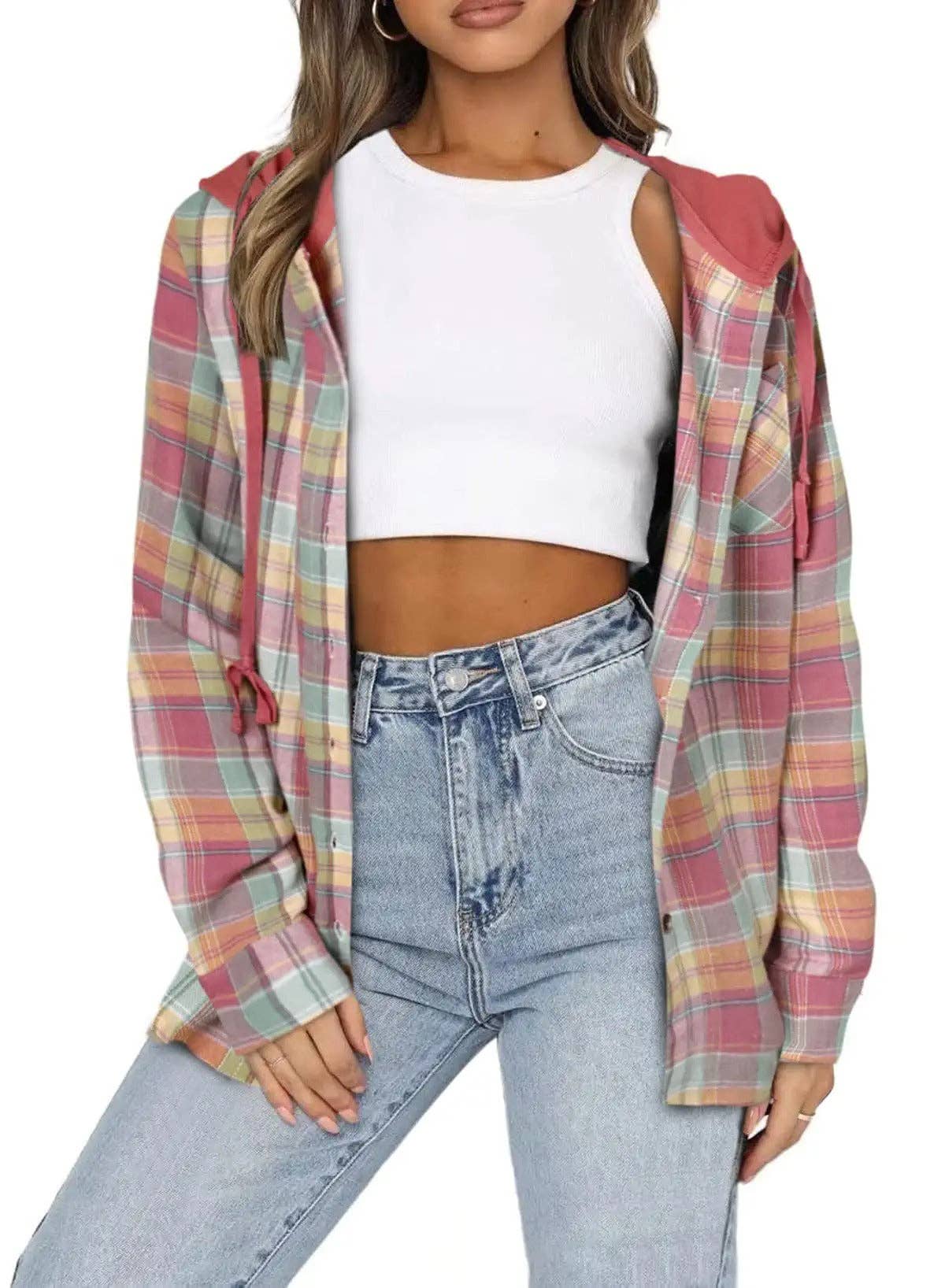 Hooded Plaid Button-Up Jacket - Casual Oversized Shacket: Red
