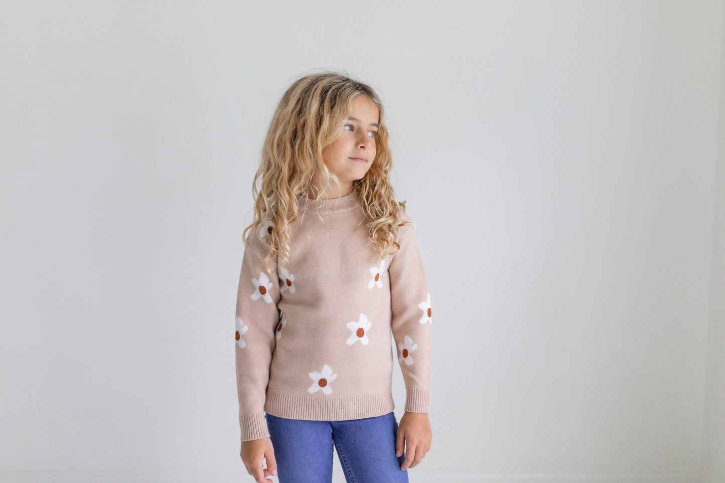 Kids Beige Flower Crew Neck Fall Winter