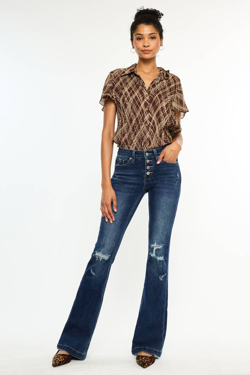 MID RISE BUTTON UP DISTRESS FLARE JEANS KANCAN