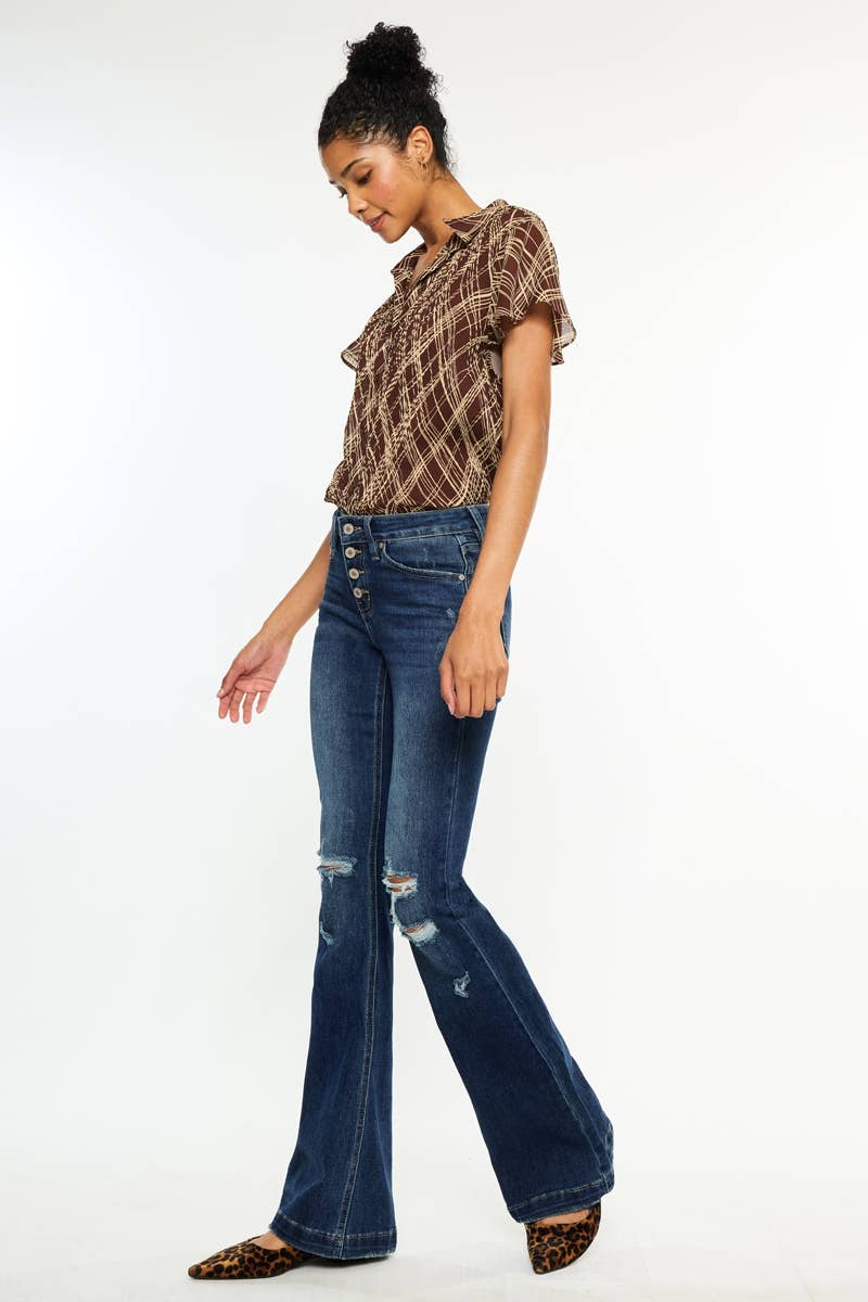 MID RISE BUTTON UP DISTRESS FLARE JEANS KANCAN
