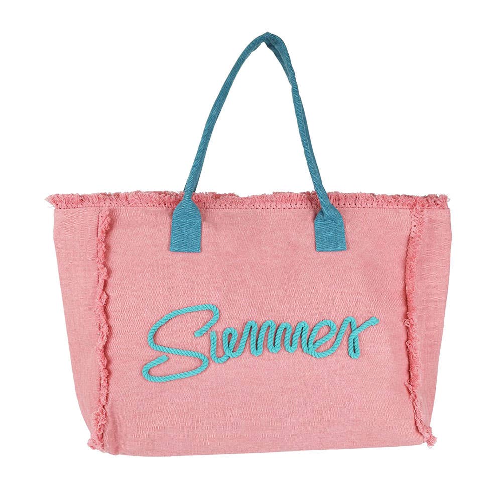 SUMMER Message Embroidered Fringe Canvas Tote Beach Bag PINK