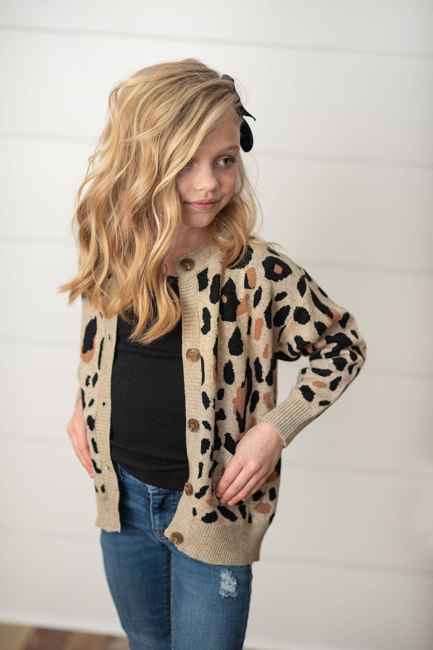 Kids Leopard Button Pocket Cardigan Fall Winter Sweater: 3/4